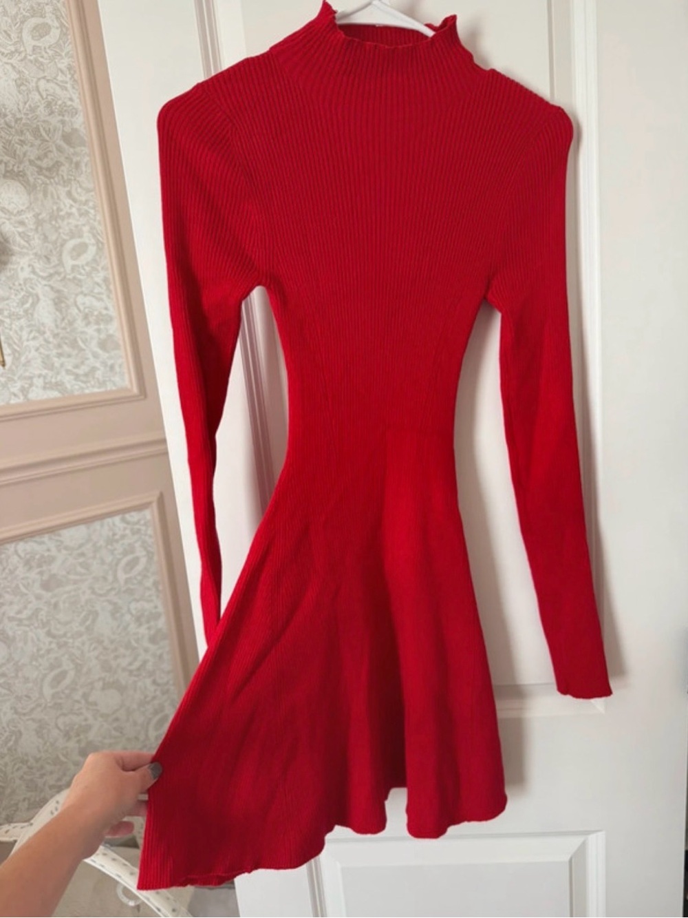 Flared Red Long-Sleeve Ribbed Knit Dress